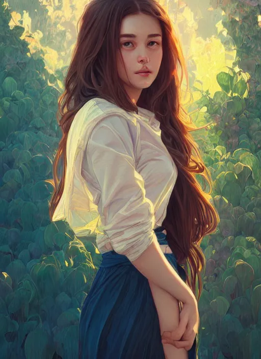 Image similar to handsome young women with shoulder length brown hair, half body shot, path traced, highly detailed, high quality, digital painting, alena aenami, lilia alvarado, shinji aramaki, karol bak, alphonse mucha, tom bagshaw