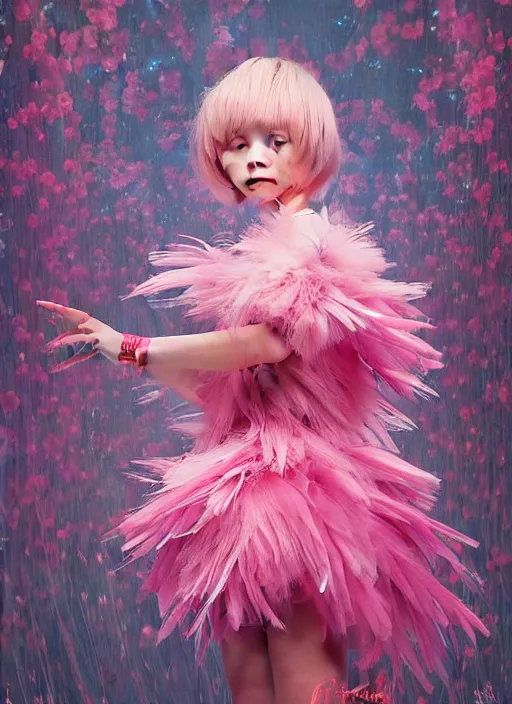 Image similar to beautiful little girl with an pink eccentric haircut wearing an dress made of feathers dancing on stage, artwork made by ilya kuvshinov, inspired in donato giancola, hd, ultra realistic, reflection, flowers, light, realistic face, bird, pixiv