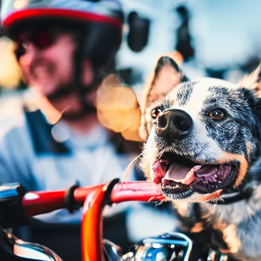 Image similar to blue heeler dog on a motorcycle, 8 k photography, blurred background of a wafflehouse