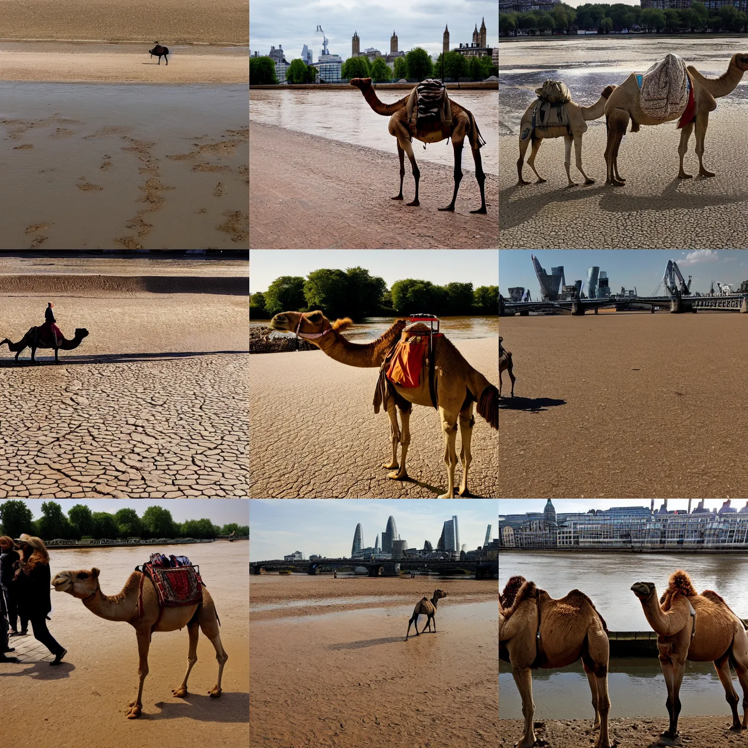 Prompt: camel walking on the dried up riverbed of the thames in london