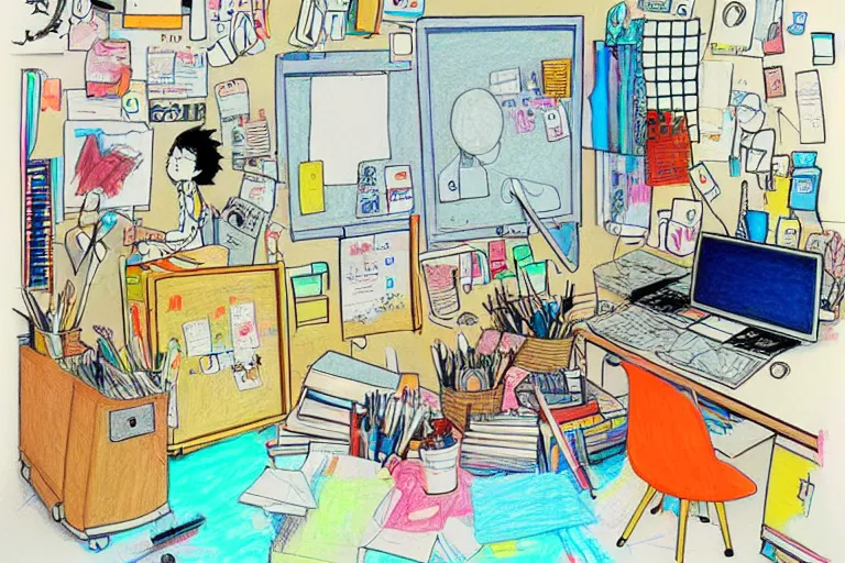 Prompt: messy office, style of studio ghibli + moebius + basquiat, cute, colored pencil drawing