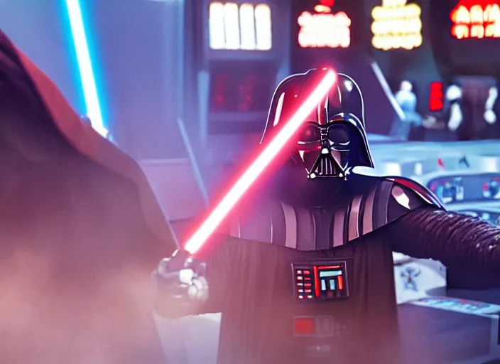 Image similar to film still of Darth Vader gambling in Vegas in the new Star Wars movie, 4k