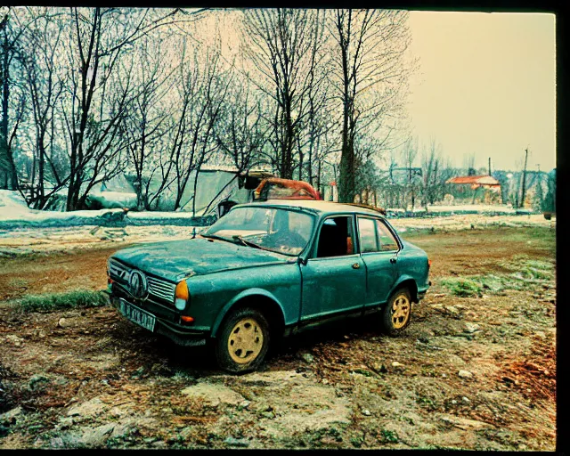 Image similar to a lomographic photo of old lada 2 1 0 7 standing in typical soviet yard in small town, hrushevka on background, cinestill, bokeh