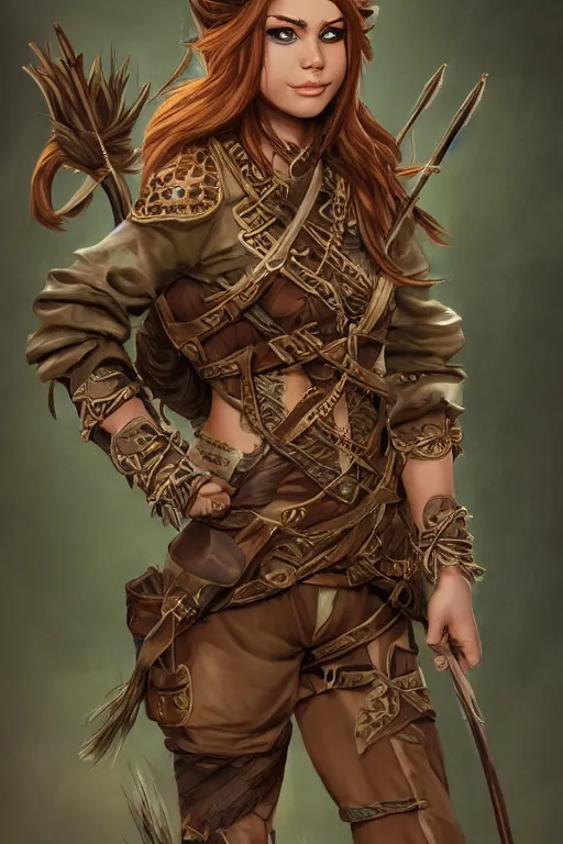 Prompt: Gorgeous Jungle Ranger, brown armor, thick bow, ornamental arrows, high fantasy, elf, brown hair, trending on artstation, artstationHD, artstationHQ