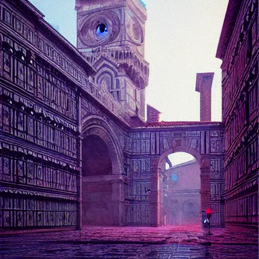 Image similar to piazza del duomo of florence, cyberpunk, sci - fi, beksinski and tristan eaton, dark neon trimmed beautiful dystopian digital art