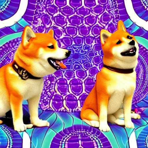 Image similar to two shiba inu in the psychedelic baroque dmt fourth dimensional tunnel