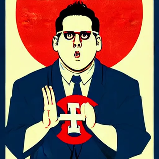 Image similar to NO JONAH HILLS ALLOWED. JONAH HILL is the subject of this ukiyo-e hellfire eternal damnation catholic strict propaganda poster rules religious. WE RULE WITH AN IRON FIST. mussolini. Dictatorship. Fear. 1940s propaganda poster. ANTI JONAH HILL. 🚫 🚫 JONAH HILL. POPE. art by joe mugnaini. art by dmitry moor. Art by Alfred Leete.