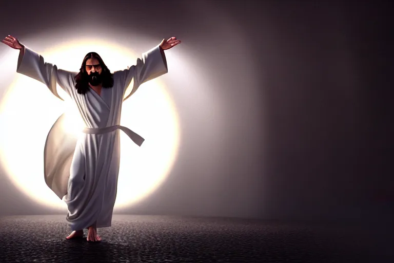 Image similar to jesus christ wearing a white robe strikes a dance pose in the apocalypse, intricate, hyper detailed, accent lighting, dramatic light, 4 k octane render