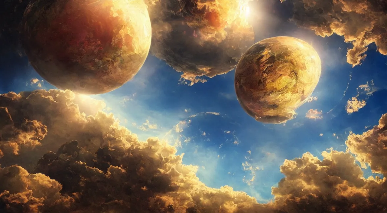 Prompt: Big pink sphere surrounded by blue sky, beautiful matte painting by ?,