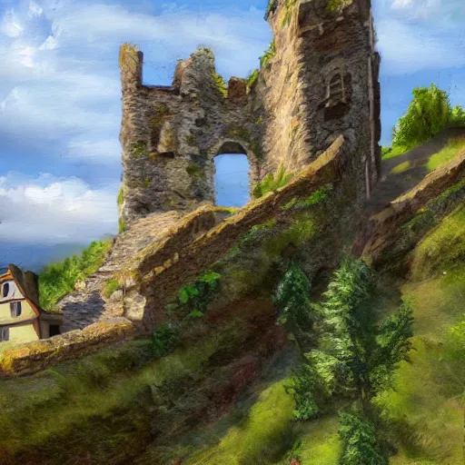 Image similar to old castle ruins on top of mountain in the village of verclause france, digital painting, realism, 4 k,