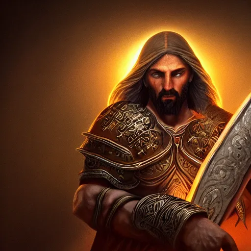 Prompt: a videogame still of Jesus in Diablo III, portrait, 40mm lens, shallow depth of field, close up, split lighting, cinematic