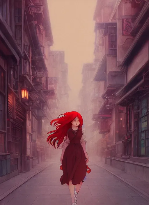 Prompt: pretty young woman with long red hair walking down a city street at night, path traced, highly detailed, high quality, digital painting, by studio ghibli and alphonse mucha, leesha hannigan, makoto shinkai, disney