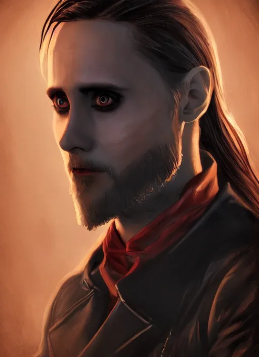 Prompt: A fantasy comic book style portrait painting of Jared Leto as a vampire race in a atmospheric dark fortress, unreal 5, DAZ, hyperrealistic, octane render, RPG portrait, ambient light, dynamic lighting