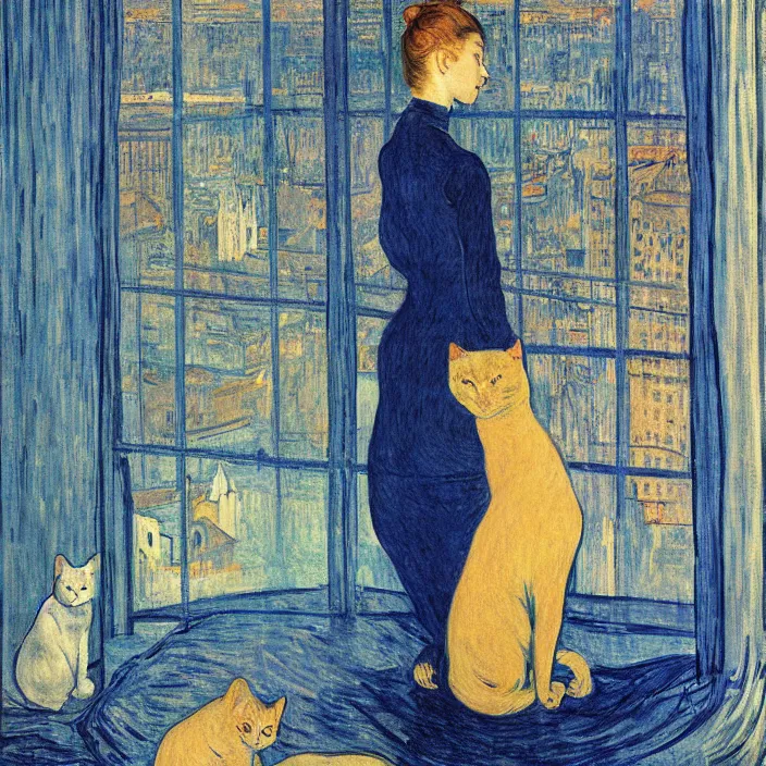 Image similar to sad woman and white cat with city with gothic cathedral and tall trees seen from a window frame with curtains. dark indigo blue, turquoise, gold, earth brown. night with glowing stars. delville jean, henri de toulouse - lautrec, utamaro, matisse, monet