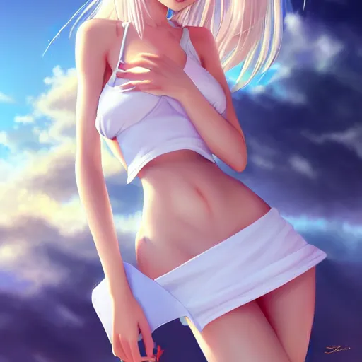 Prompt: tiny father a tall daughter picture : a very beautiful young blond anime girl, sky blue eyes, bikini, white miniskirt, highly detailed, cinematic wallpaper by stanley artgerm lau, wlop