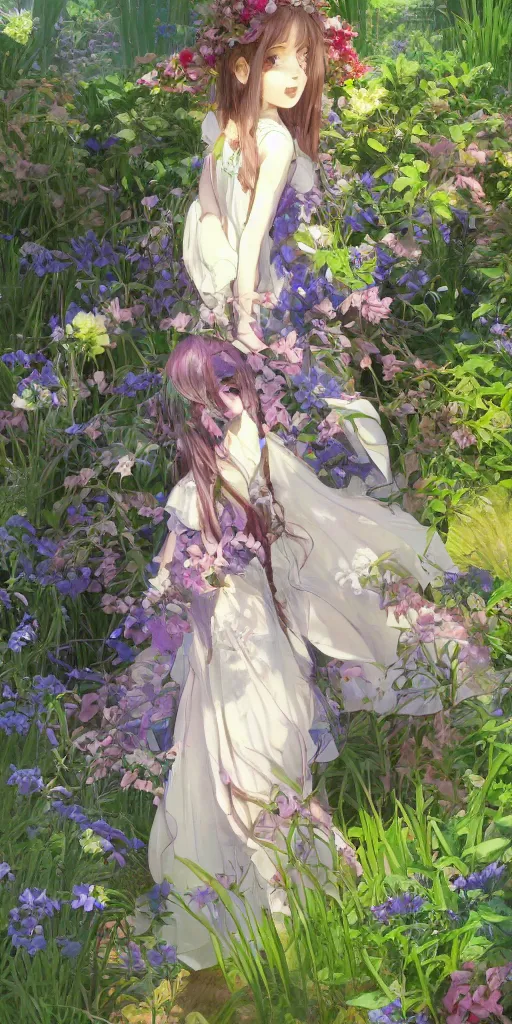 Image similar to a digital art of a loli with long hair in a dress in the privet garden at after noon, green and warm theme, mediumslateblue flowers, low angle, back lighting, by krenz cushart and mucha and akihito yoshida and greg rutkowski, highly detailed, 4 k resolution, trending on art station