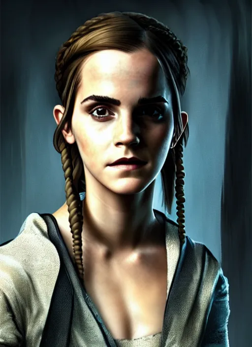 Prompt: portrait of Emma Watson from the Witcher wearing a wizard robe outfit as a character from Cyberpunk 2077, looking at camera, intricate, elegant, sci-fi, extremely detailed, digital painting, artstation, concept art, smooth, sharp focus, illustration, ambient lighting, incredible art by artgerm and greg rutkowski and alphonse mucha and simon stalenhag