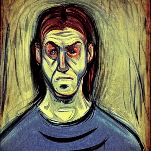 Prompt: sad prisoner holding ipad, prison cell, frustrated expression, dark mood, hopelessness, gloomy, in the style of edward munch