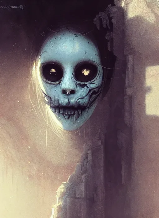 Prompt: close up of a veiled half scull mask girl on the ruins temple, looking at the camera very curiously, smog on the floor, extremely beautiful and aesthetic and attractive and cute detailed face and body, chiaroscuro, model pose, fantasy illustrations, by makoto shinkai and jeremy lipking and ferdinand knab