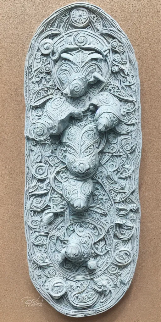 Image similar to intricate colourfully painted carved Soapstone relief paneling, white and pale blue , celestial, pig, piglet, piggy, pig goddess, mother earth, Earth Goddess mythology, Gaia, angels, divinity, Ghostly, crystaline celtic, insanly detailed , artstation, wallpaper, hyper realistic, realistic lighting