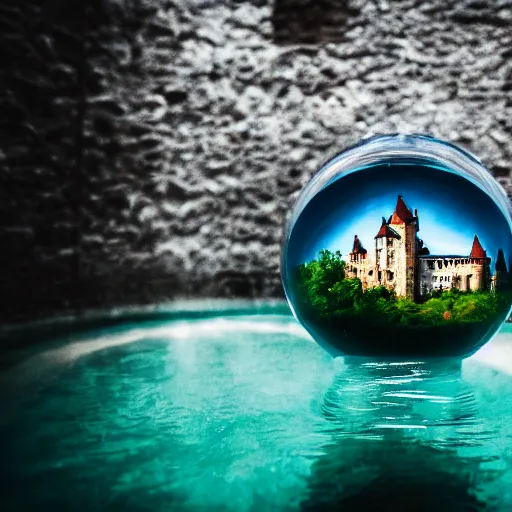 Prompt: macro photo of a castle inside a water sphere, depth of field, higly detailed photo