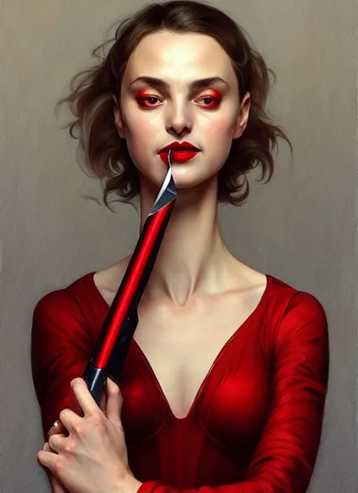 Image similar to “ daria strokous as femme fatale smiling, with red lips, holding knife on her victim ’ s throat intricate, elegant, highly detailed, digital painting, artstation, concept art, smooth, sharp focus uhd 8 k, art by artgerm and greg rutkowski and alphonse mucha ”