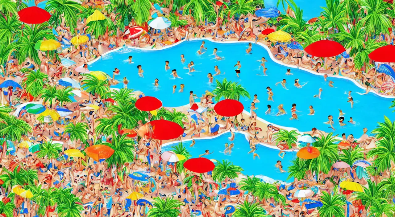 Image similar to where’s waldo, a beautiful day at a tropical pool,colorised,photograph