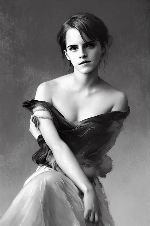 Image similar to emma watson gathered faille v - neck detailed portrait painting by gaston bussiere craig mullins j. c. leyendecker award winning photograph photorealsitic octane render photograph by richard avedon peter lindbergh