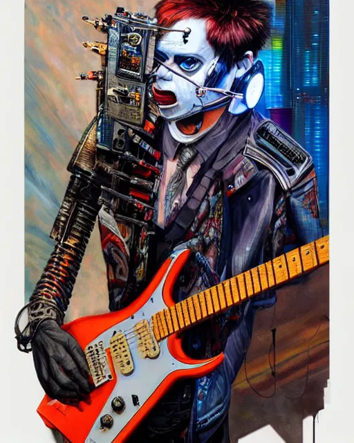 Image similar to a portrait of an anthropomorphic cyberpunk woolf shredding an electric guitar by sandra chevrier, by jon foster, detailed render, tape deck, epic composition, cybernetics, 4 k realistic, cryengine, realistic shaded lighting, sharp focus, masterpiece, by enki bilal
