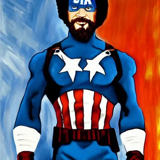 Prompt: Bob Ross as Captain America, painting, portrait