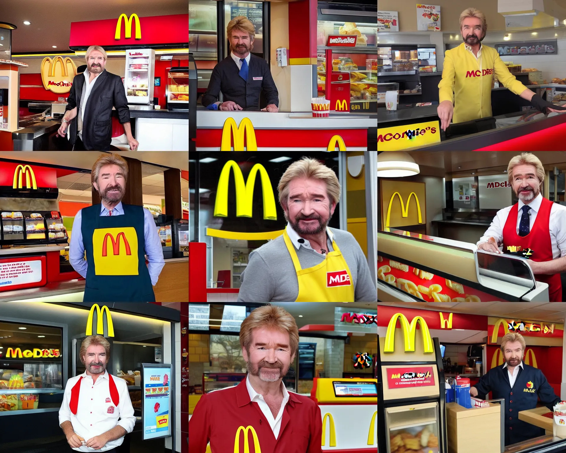 Prompt: noel edmonds wearing mcdonalds uniform, behind the counter at mcdonalds asking if you want fries with that