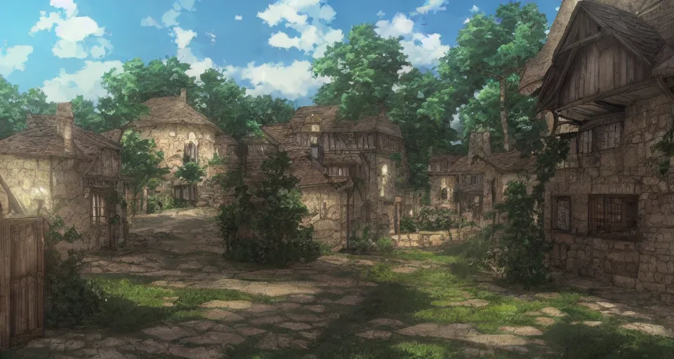 Prompt: Makoto Shinkai inspired medieval village