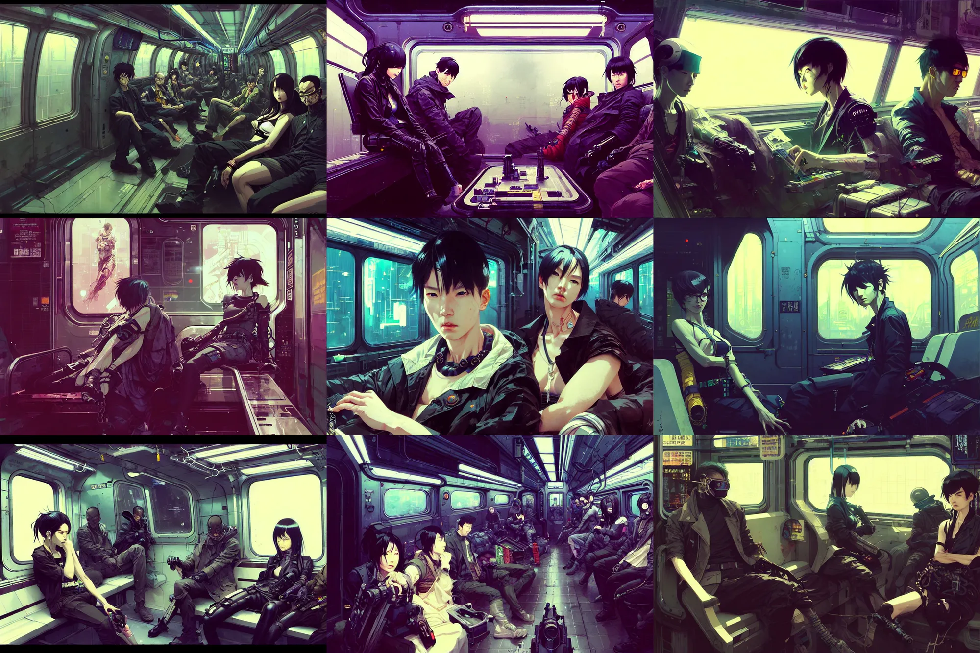 Prompt: hyper - realistic cyberpunk portrait of subway car interior, extreme detail, in style of pan ren wei, yoji shinkawa, ilya kuvshinov, atey ghailan, by greg rutkowski, by greg tocchini, by james gilleard, by joe fenton, by kaethe butcher, by alphonse mucha, anime aesthetic