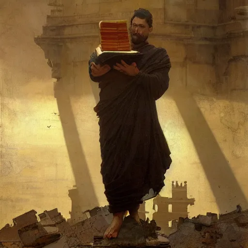 Image similar to half portait of magican wearing a closed cowl and big old book! chained to the wrist, jeremy mann, jean - leon gerome, tiepolo, alphonse mucha, greg rutkowski, face in the shadows, ( ( ruins of ancient rome ) ), at dusk, mysterious atmosphere, sunrays, dof, high detailed, 8 k