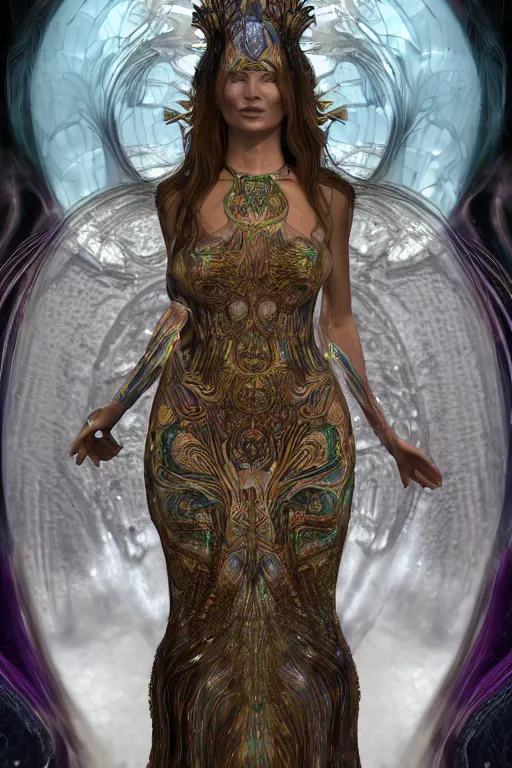 Image similar to a realistic ciematic photo of a beautiful ancient alien woman goddess kate moss shiva standing in iris van herpen dress jewelery and fractals in style of alphonse mucha art nuvo dmt trending on artstation made in unreal engine 4