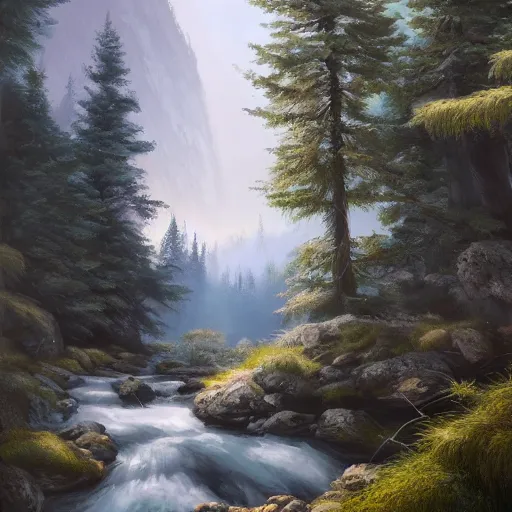 Image similar to mountain valley dotted with pine trees with a stream flowing through it, by joar jakobsson, detailed digital painting, concept art, brushstrokes, elegant, calming, serene, 8 k