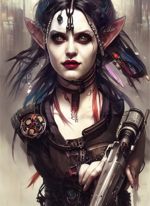 Image similar to a beautiful illustration of cyberpunk elven harley quinn, black hair, intricate, sharp focus, illustration, highly detailed, digital painting, concept art, matte, art by wlop and artgerm and greg rutkowski and alphonse mucha, masterpiece