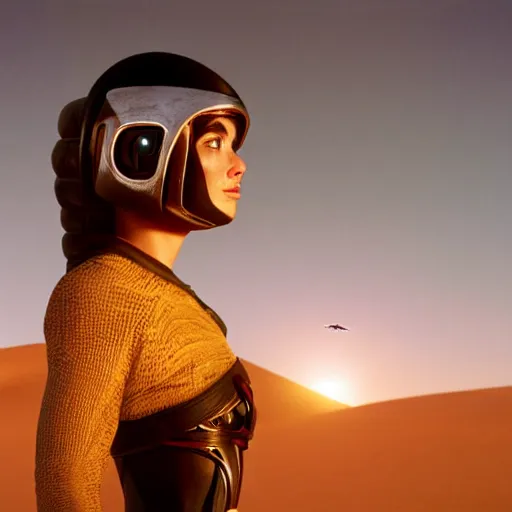 Image similar to beautiful Fine art photo of a young woman wearing a futuristic electronic mayan helmet, photorealistic, high quality, sunset lighting, in the movie Dune, 8k