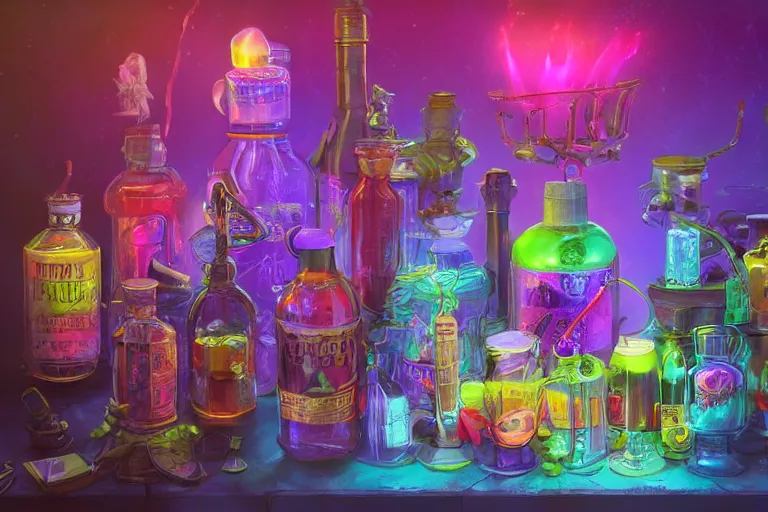Image similar to a small rack filled with colorful glowing concoctions, magical potions, fantasy artwork, featured on artstation