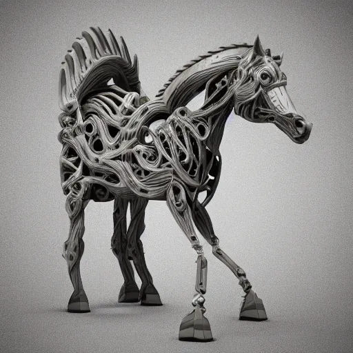 Prompt: biomechanical horse made of marble, fractal 3 d structure, intricate details, octane render