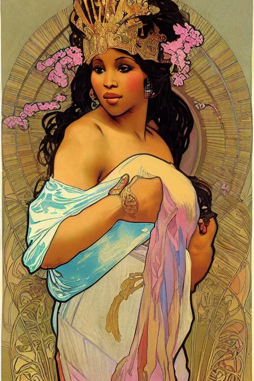 Image similar to painting of nikki minaj as the greek goddess of nail polish, by alphonse mucha