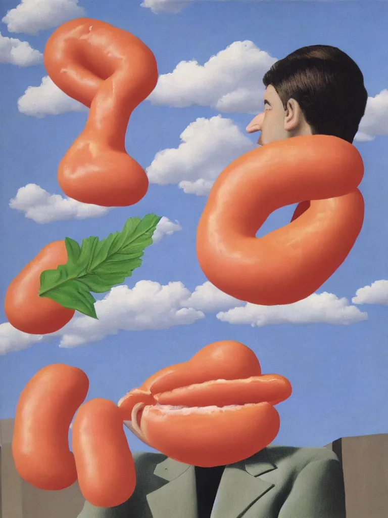 Image similar to Rene Magritte's Son Of Man painting with a floating pink hotdog blocking the face, the hotdogs all have faces, the hotdog has a stem and leaves and is growing more unripe hotdogs on the hotdog vine