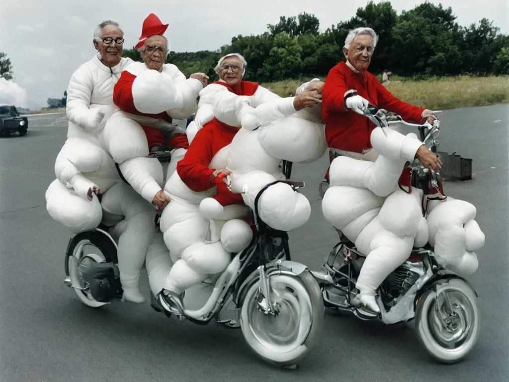 Image similar to a martin parr photo of a grandpa couple, wearing michelin man white body costumes, going super fast on a motorbike, 1 9 7 0 s kodachrome colour photo, flash on camera,