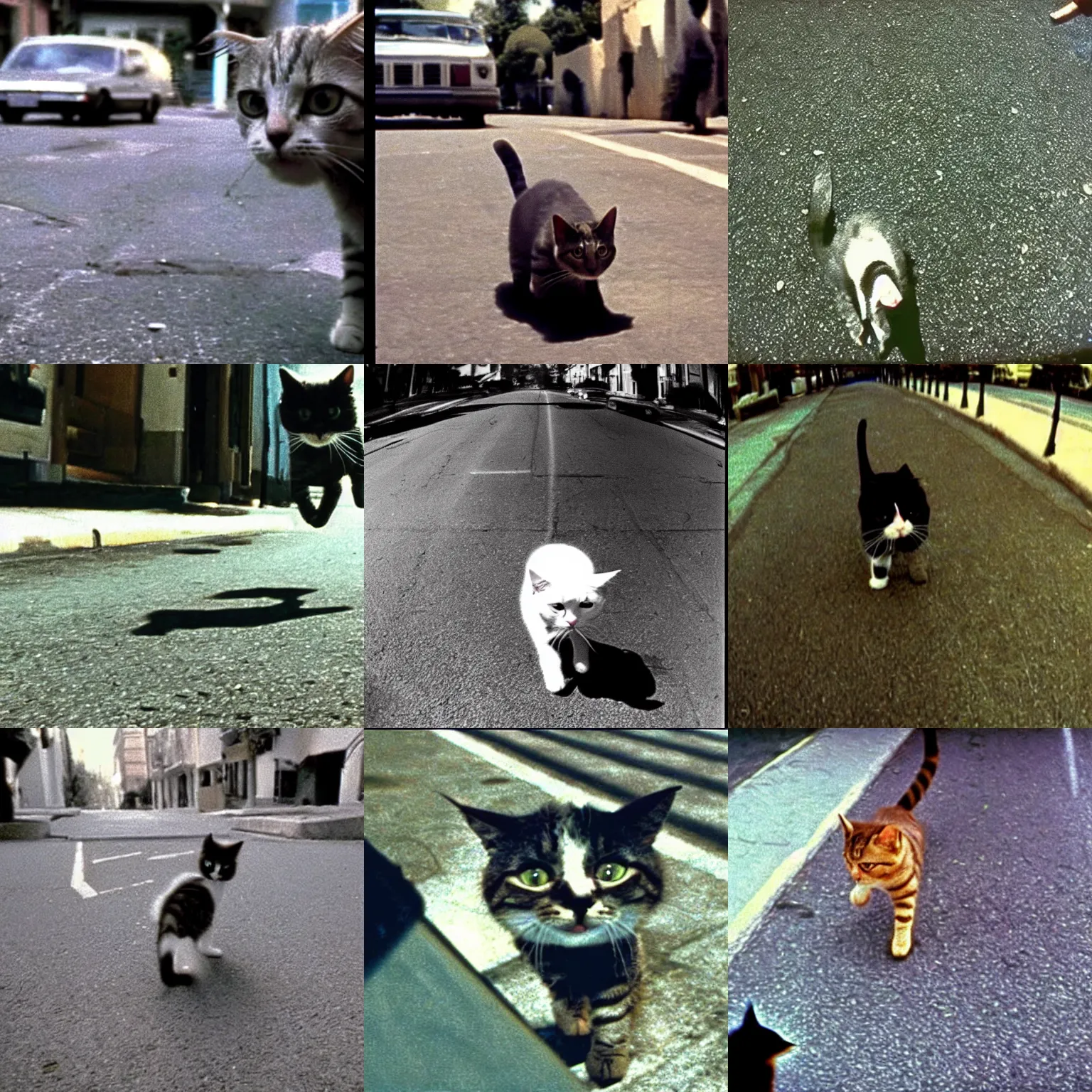 Prompt: gopro pov of a cat walking in the street, alien ( 1 9 8 5 )