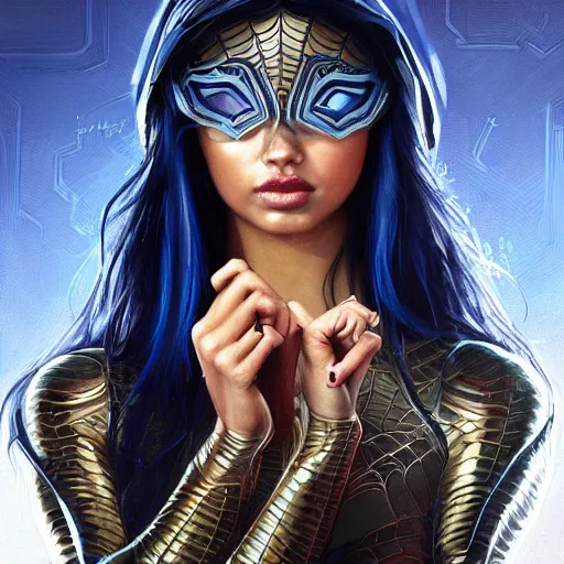 Prompt: an attractive female spiderman wearing an blue ornate metallic helmet, adriana lima, olive skin, long dark hair, beautiful bone structure, intricate, elegant, highly detailed, digital painting, artstation, concept art, smooth, sharp focus, illustration, art by artgerm and greg rutkowski and alphonse mucha