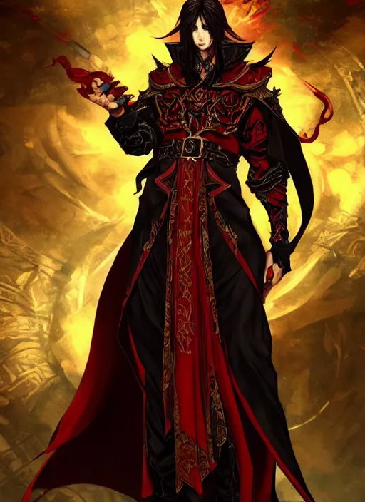 Image similar to Full body portrait of a handsome mature elf fire mage with long black hair wearing ornate scarlet robe. In style of Yoji Shinkawa and Hyung-tae Kim, trending on ArtStation, dark fantasy, great composition, concept art, highly detailed, dynamic pose.