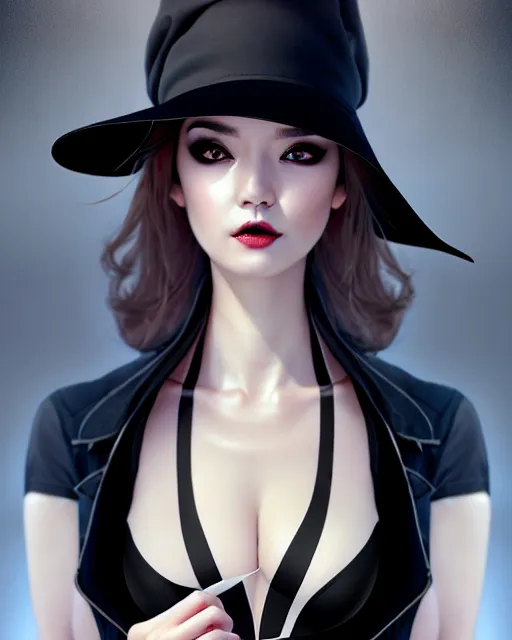 Prompt: lady with eyeliner makeup from genshin impact in triangle fedora hat and black coat, seductive lingerie camisole, intricate, elegant confident pose, sharp focus, illustration, highly detailed, digital painting, concept art, art by wlop and artgerm and ross tran, masterpiece, fritz willis, charlie bowater