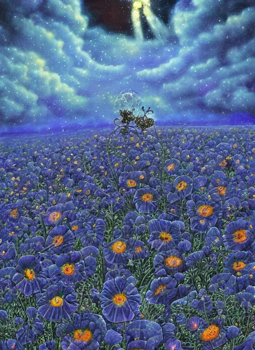 Image similar to detailed, intricate blue black and purple papaverum flower on the field, nebula, galaxy in the sky, winning award masterpiece, fantastically beautiful, illustration, aestheticly inspired, jacek yerka, upscale with anguissola sofonisba work, artstation, 8 k