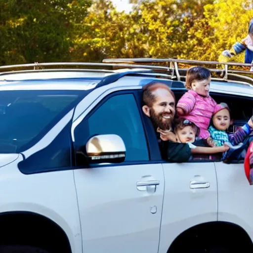 Image similar to a jewish man driving his kids home in the suv