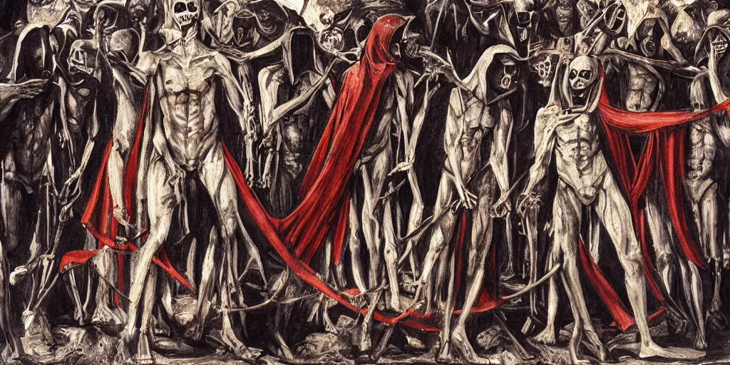 Image similar to dante's inferno painting, with people in black hooded tunic like in the film eyes wide shut of stanley kubrick, illuminati symbol, crows, skeletons, crosses, jesus, dark beauty, rotten gold, perfect faces, extremely detailed, cinema 4 d, unreal engine.